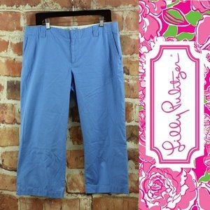 LILLY PULITZER Resort Capri Pants Womens 12 Solid Blue Poplin $98 Crop Leg EUC